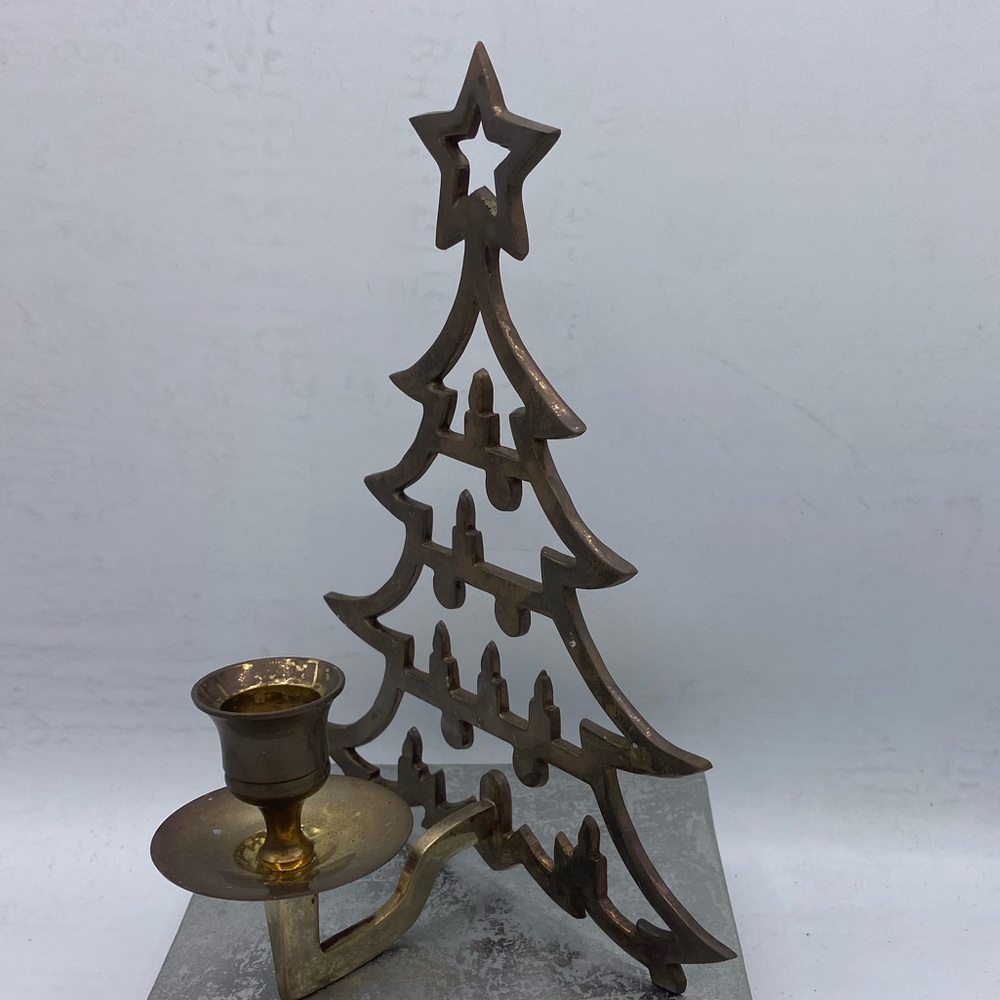 Vintage Brass Christmas Tree Shaped Table Top Candle Holder Holiday Decor - Picture 6 of 7